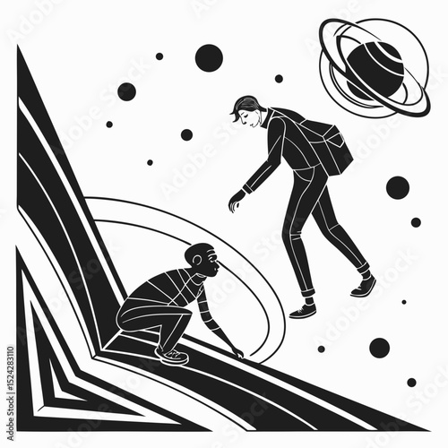 Man helping another man across a cosmic path