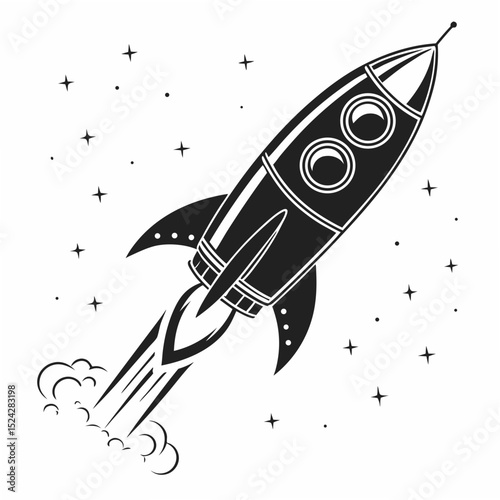 Retro rocket ship launching into space, isolated cutout