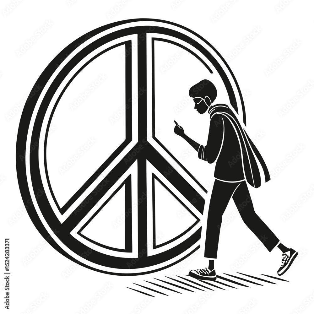 Obraz premium Person walking past giant peace symbol illustration