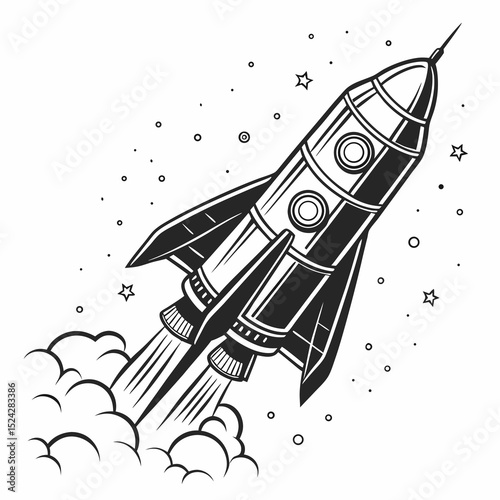 Retro rocket launching into space stars