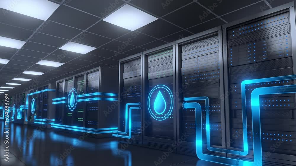 Visual representation of a modern data center utilizing a liquid cooling system for energy efficiency and environmental sustainability. Pipes and water drops illustrate the cooling process.
