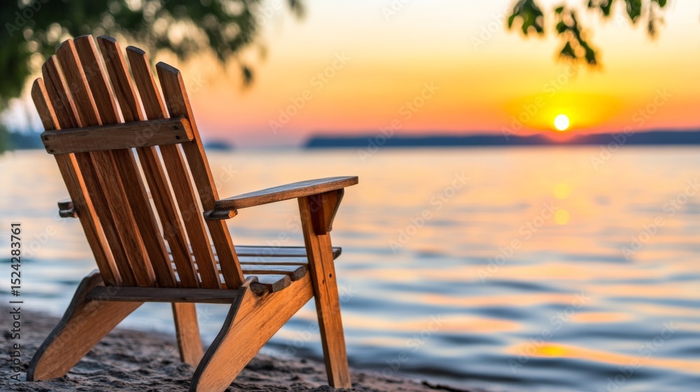 Wooden chair facing a sunset by the water creates a peaceful and relaxing scene Wooden chair facing a sunset by the water creates a peaceful and relaxing scene