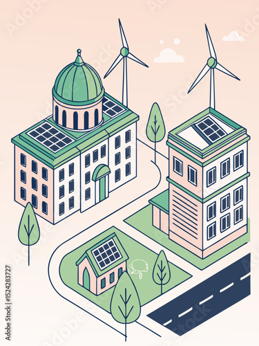 Sustainable City – Solar Panels, Wind Power, and Eco Homes Vector Scene
