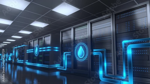 Visual representation of a modern data center utilizing a liquid cooling system for energy efficiency and environmental sustainability. Pipes and water drops illustrate the cooling process.