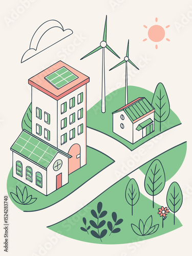 Sustainable City – Solar Panels, Wind Power, and Eco Homes Vector Scene