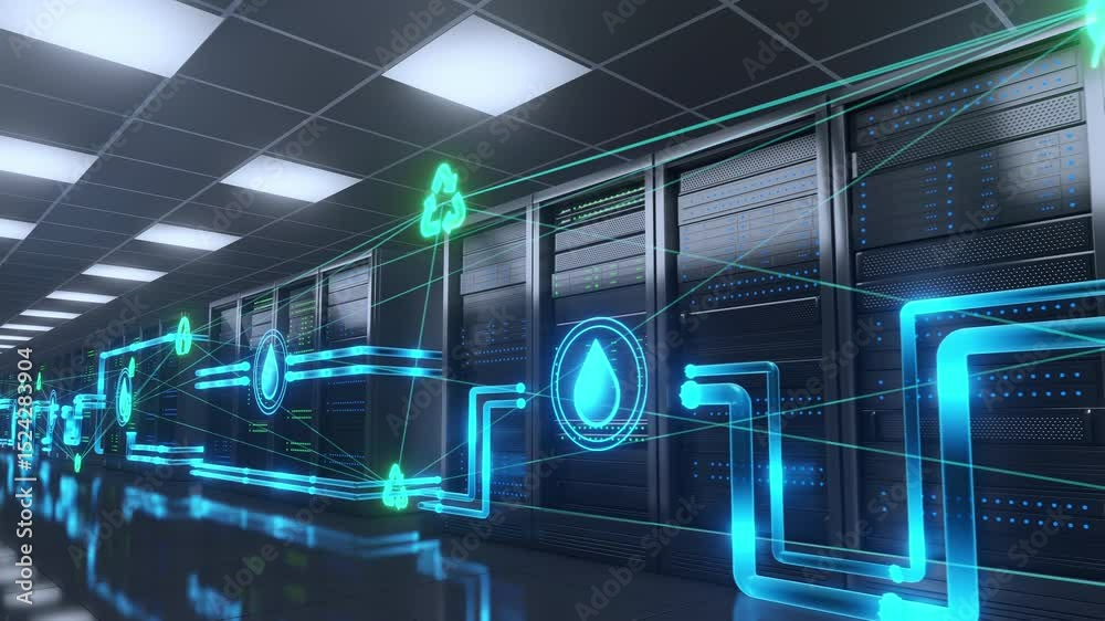 Modern data center featuring liquid cooling with water recycling for enhanced energy efficiency and sustainable environmental conservation, optimizing server performance.