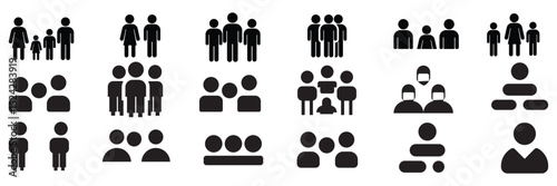 Family, relationship icon set. Vector glyph pictograms of couple, parent, child, elderly people, pregnancy, parenting, community, single mother, social care black silhouette illustration.