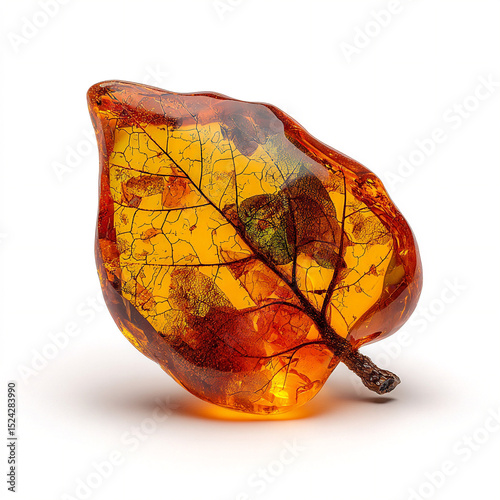 A photorealistic single amber piece encasing a small ancient leaf fragment