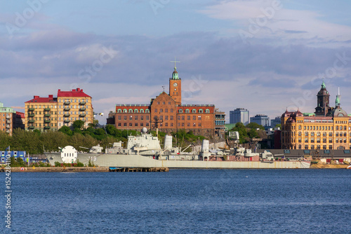 Gothenburg city skyline with HswMS Halland class destroyer Smaland and Navigation school on sunny day, Sweden