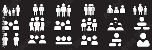 Family, relationship icon set. Vector glyph pictograms of couple, parent, child, elderly people, pregnancy, parenting, community, single mother, social care black silhouette illustration.