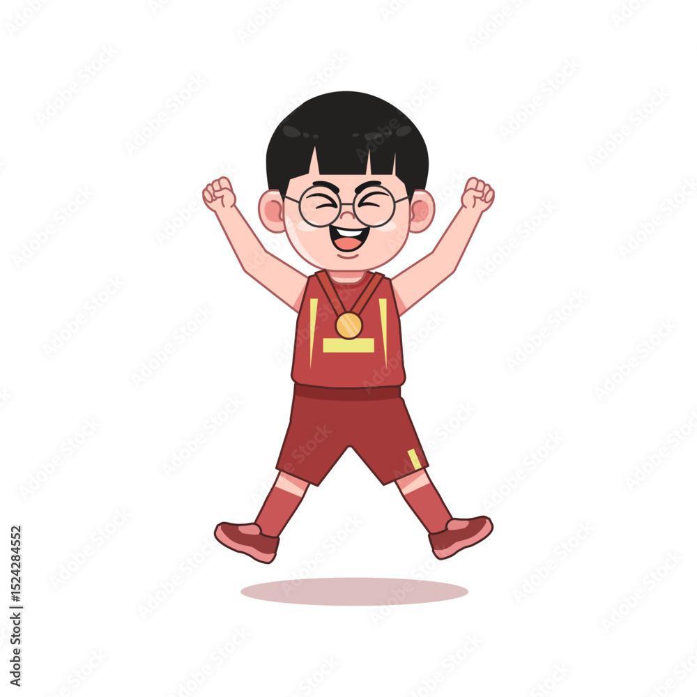 Chinese Cartoon cute little boy playing basketball Excited medal Winner Chinese Cartoon cute little boy playing basketball Excited medal Winner