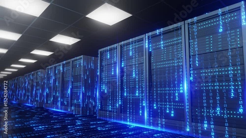 Abstract concept of artificial intelligence, big data, and network in digital server room with binary code data stream flowing over racks and floor.