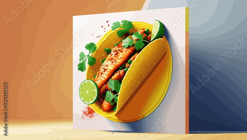 Delicious fish taco garnished with herbs and lime, vibrant culinary art, food illustration, copy space