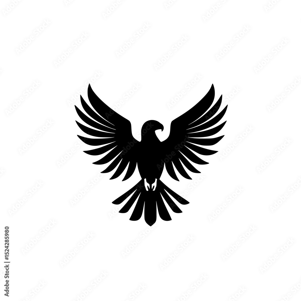 Obraz premium black silhouette of an eagle with spread wings on a transparent background bird, black, design, eagle, icon, silhouette, symbol, wing , Generative art.