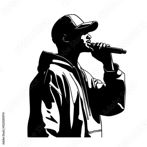 a black and white drawing of a man in a hat holding a microphone black, drawing, hat, hold, illustration, man, microphone, silhouette, singe, singer , Generative art.