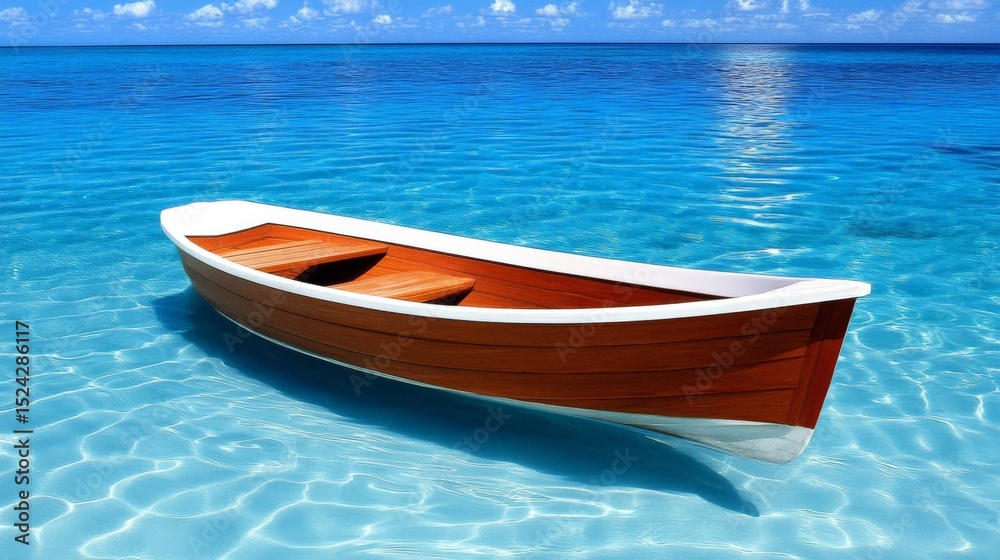 Naklejka premium Wooden boat floating on clear blue water in a calm ocean scene