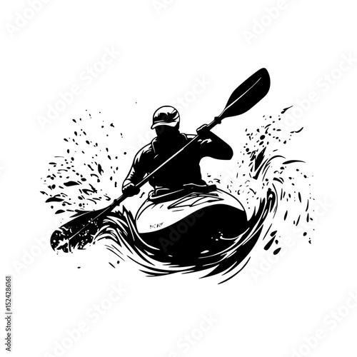 a man in a kayak on the water of the river black, boat, kayak, man, river, water, wave , Generative art.