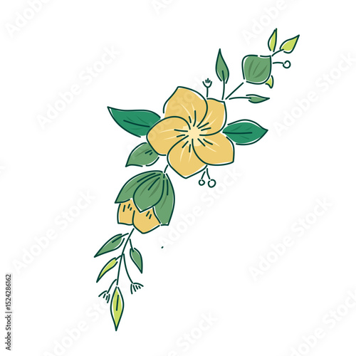 vector illustration of a flower. Botanical Art – Red Flowers and Green Leaves