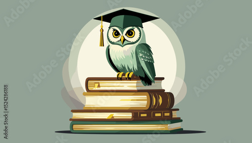Graduation owl wearing a cap perched on books, academic theme, educational illustration, copy space