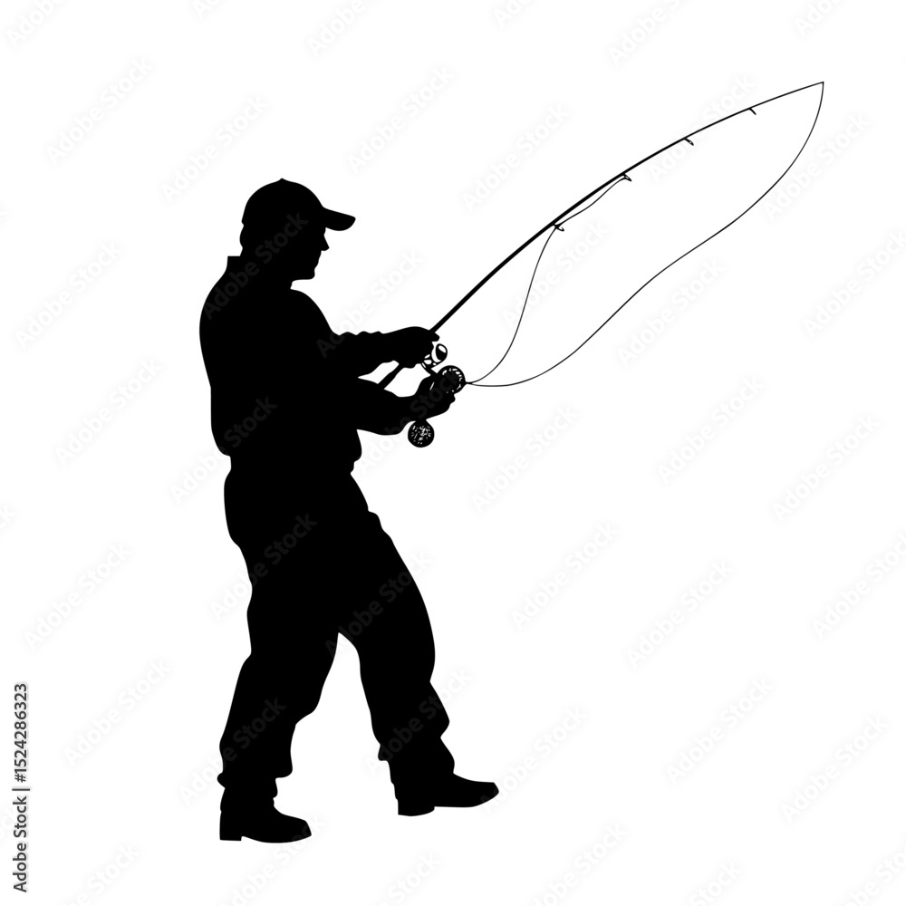 Obraz premium a black silhouette of a fisherman with a fishing rod black, fish, fisherman, fishing rod, man, silhouette , Generative art.