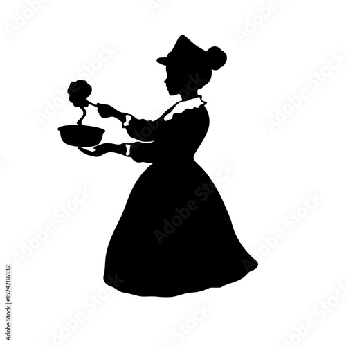 a black silhouette of a woman in a dress and hat holding a pan black, bowl, dress, hand, hat, hold, pan, silhouette, woman , Generative art.