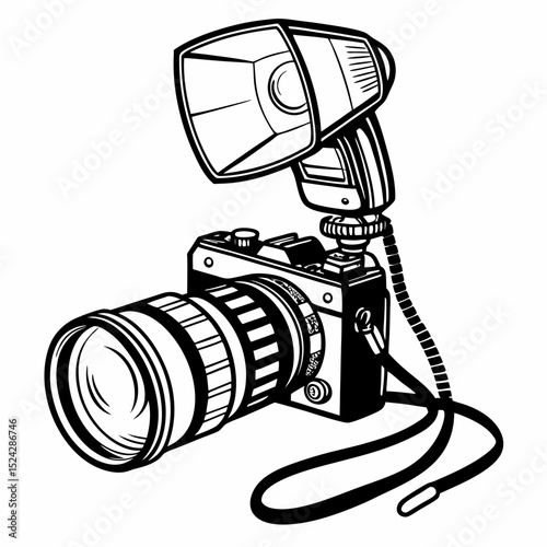 Professional vintage camera with flash isolated on white