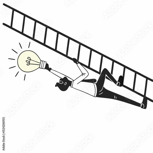 Businessman reaching for idea lightbulb on ladder