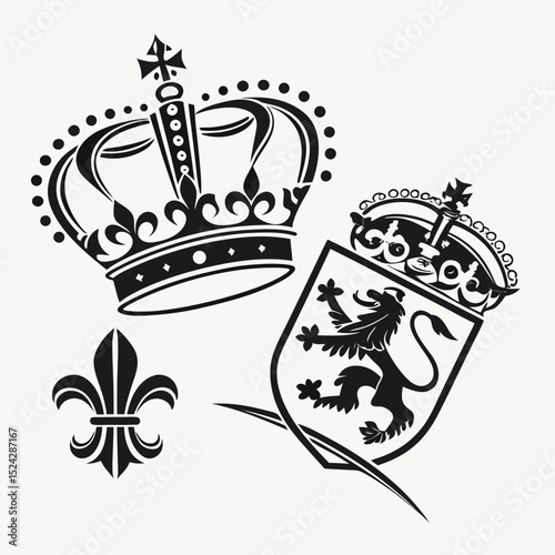 Royal crest design crown shield fleur de lis lion