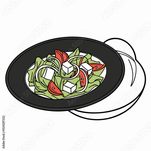 Delicious greek salad on a black plate