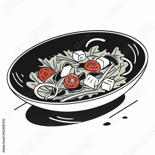 Fresh greek salad in black bowl illustration