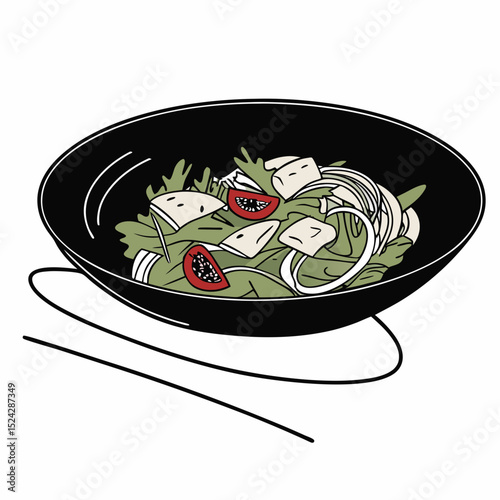 Fresh salad in black bowl with chopsticks