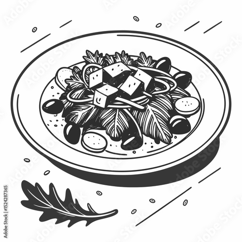 Delicious greek salad with feta cheese olives and herbs