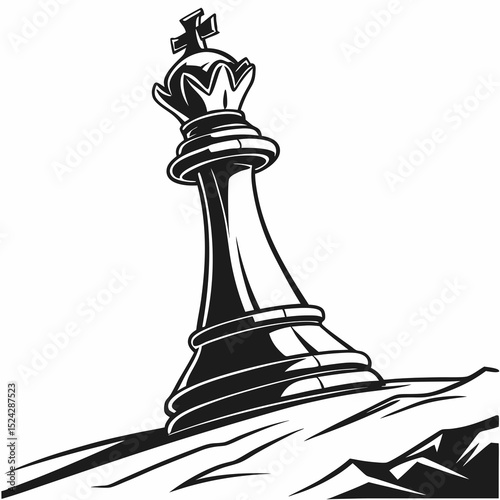 Fallen chess queen on rocky terrain dramatic illustration