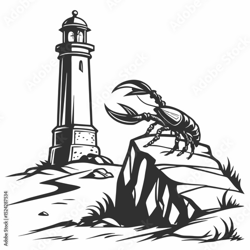 Coastal lighthouse scene with a crab on a rock