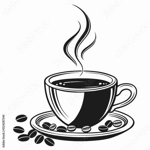 Steaming cup of coffee with coffee beans