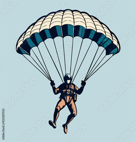 Skydiver with Parachute Descending - Vintage Illustration
