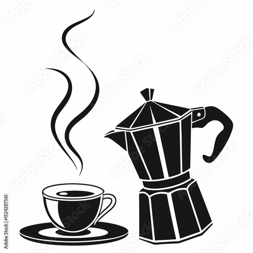Aromatic coffee brewing moka pot and cup