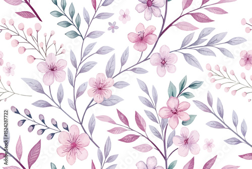 Watercolor floral pattern with pink flowers and green-gray leaves on white, soft and delicate for versatile design use.

