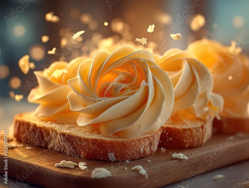 Delicious toasted bread slices topped with creamy whipped butter rose and scattered cookie crumbs on a rustic wooden board photo