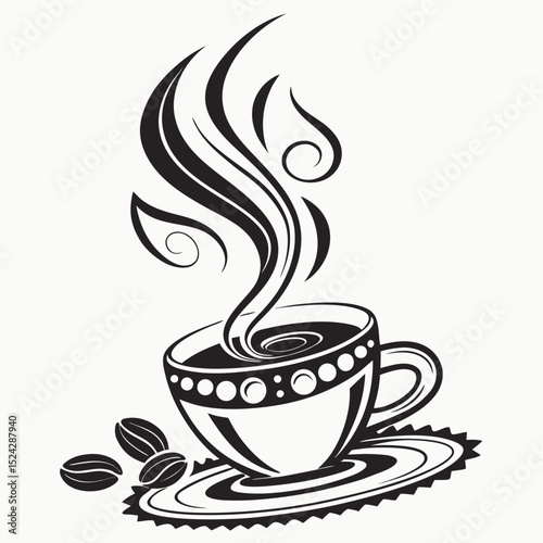 Aromatic coffee cup with steam and beans