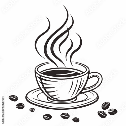 Steaming cup of coffee with coffee beans