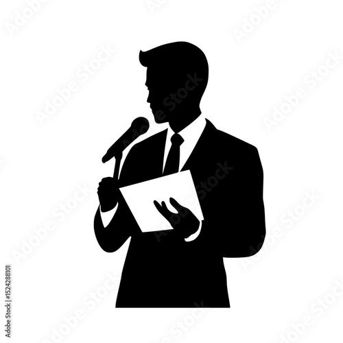 a black silhouette of a man in a suit and tie holding a microphone giving a speech black, give, hold, icon, man, microphone, podium, silhouette, speech, stand, suit, tie , Generative art.