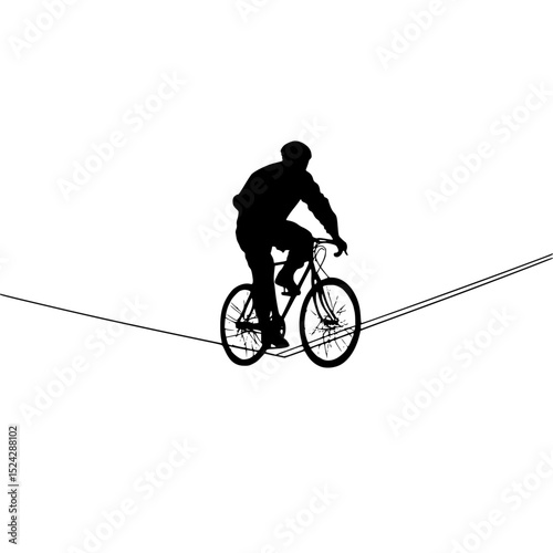 a black and white silhouette of a man riding a bicycle on a rope bicycle, bike, black, cyclist, man, person, ride, rope, silhouette, wire , Generative art.