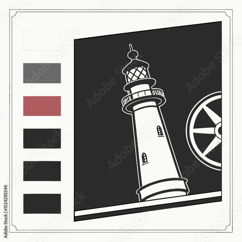 Coastal lighthouse illustration black white design