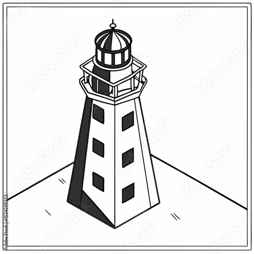Isometric lighthouse black and white illustration