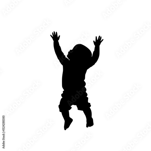 a black silhouette of a kid with his arms in the air arm, black, boy, child, hand, kid, silhouette , Generative art.