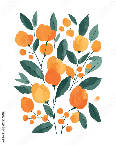 A vibrant bouquet of orange blossoms and teal leaves, isolated on white background