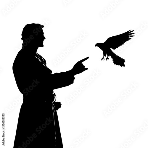 a black and white silhouette of an old man holding a bird in his hand bird, black, fly, hand, hold, man, old, person, release, silhouette , Generative art.