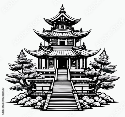 Black and White Ink Drawing of a Pagoda Temple