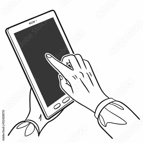 Hand holding tablet device screen touching